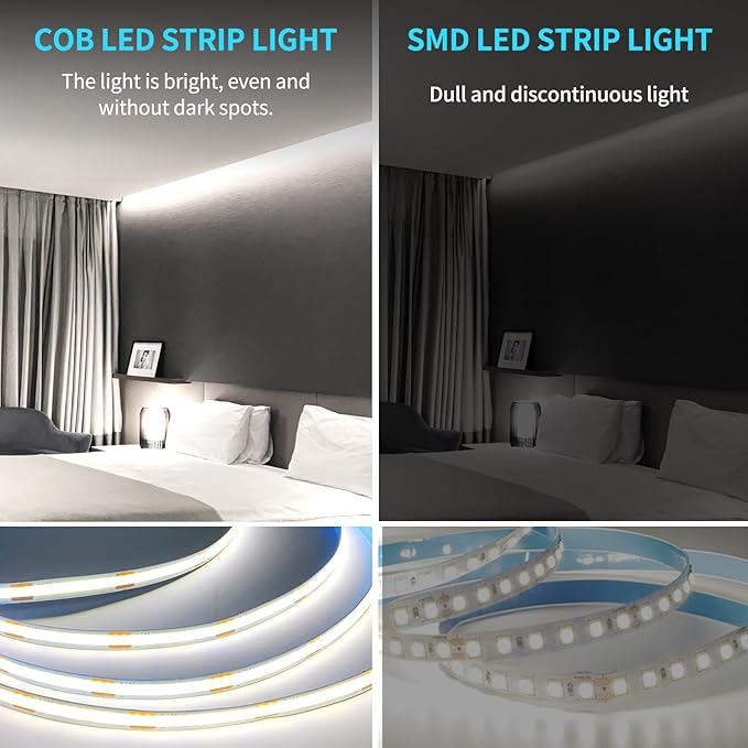 100FT COB LED Strip Lights White Dimmable DC 24V 6000K Flexible LED Tape Light for Bedroom, with Remote and app Control LED Tape Lights for DIY Home Decoration