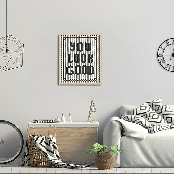 KISSFOX Western You Look So Good OAK Wood Framed Wall Art Farmhouse Geometric Typography Canvas Art Prints Rustic Hexagon Pictures Wall Decor Southwestern Artwork For Bistro Bathroom Bedroom Kitchen