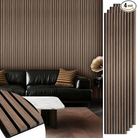 Acoustic Wood Slat Panels 4 Pack 106" x 12.6", Soundproof Wooden Wall Panels, 3D Fluted Panel for Interior Wall Decor, Living Room, Bedroom - Walnut (Cover Approx. 37 sq.ft)
