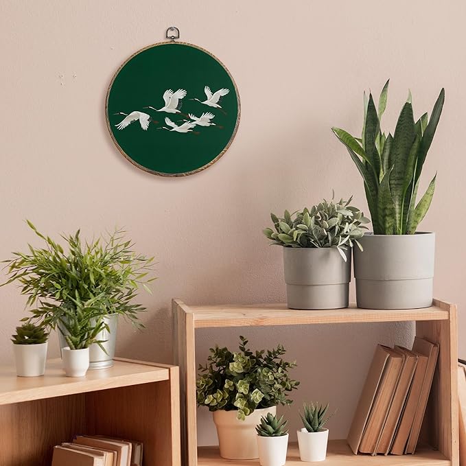 FUGWN Japanese Crane Round Wall Art Decor Framed, Japandi Canvas Artwork Prints, Dark Green Asian Oriental Japanese Crane Bird Wall Hanging Decorations for Home Bedroom Living Room, 10x10 Inch