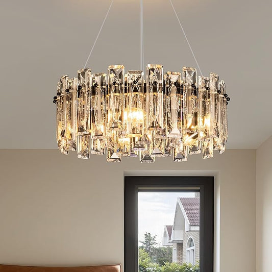 Modern Luxury K9 Crystal Chandelier 5-Lights Round Pendant Light Easy Install Ceiling Hanging Light Fixture for Dining Living Room Kitchen Island Entryway Foyer D15.8 Black