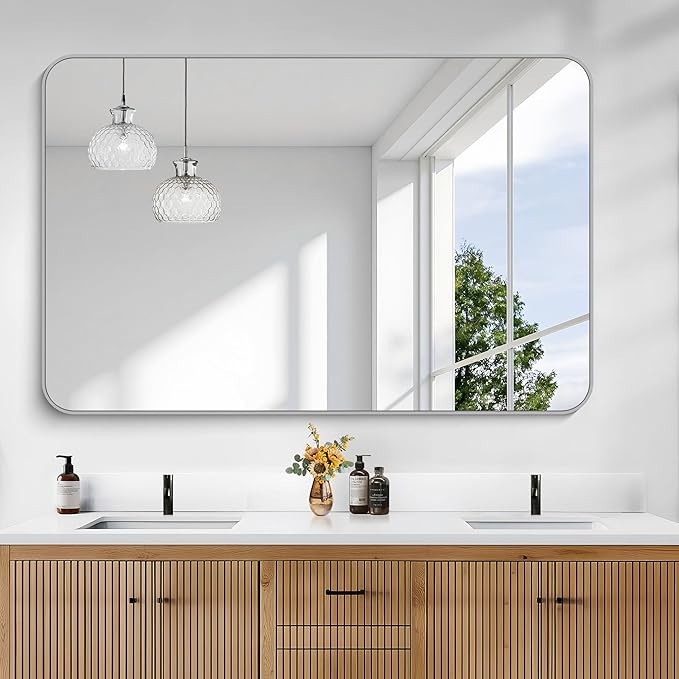 KOCUUY Silver Bathroom Mirror, 55x36 Inch Large Bathroom Mirror for Over Sink, HD Tempered Glass, Anti-Rust Brushed Silver Frame, Rounded Corner Modern Design for Bathroom, Hang Horizontal/Vertical