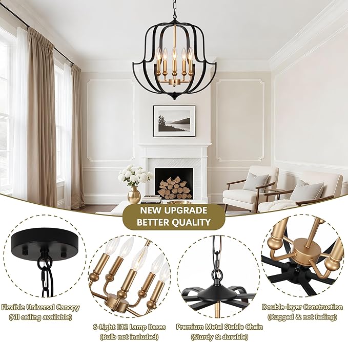 19" Black and Gold Chandelier for Dining Room, 5-Light Rustic Farmhouse Chandeliers Modern Industrial Hanging Pendant Light for Kitchen Entryway Hallway Foyer Living Room