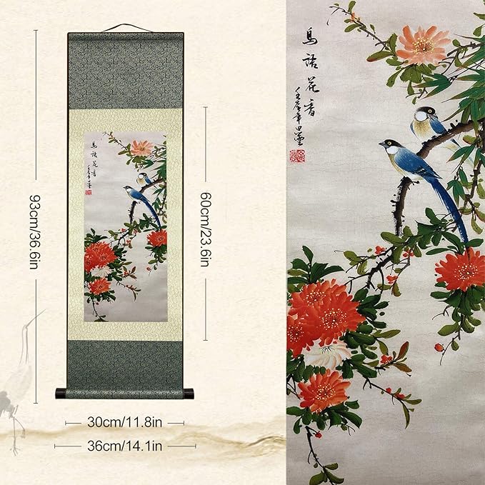 AtfArt Asian Wall Decor Beautiful Silk Scroll Painting Birds and Flowers - Bird Language Flower Fragrant Oriental Decor Chinese Art Wall Scroll Wall Hanging Painting Scroll (36.2 x 12 in)