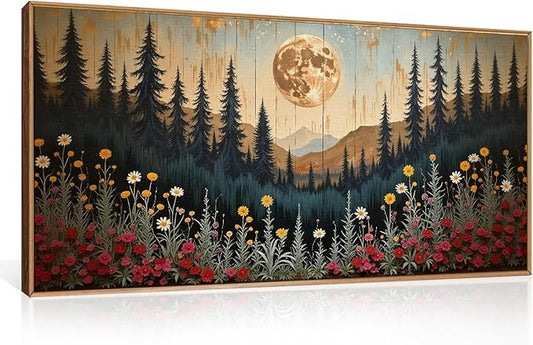 Ausril Vintage Moon Forest Framed Canvas Wall Art Set, Colorful Floral Mountain Painting, Nature Landscape Wall Decor, Wildflower Pine Tree, Modern Boho Art Print Living Room, Bedroom, Office 20"x40"