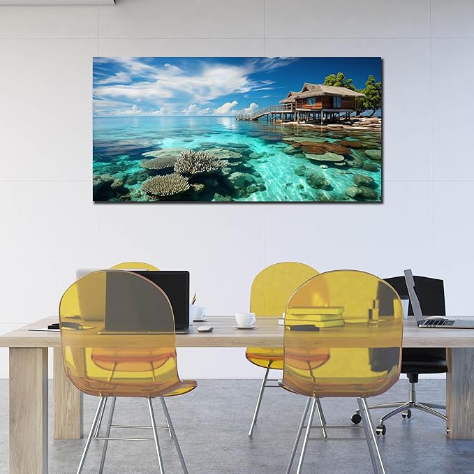 Ocean Scenic Canvas Wall Art, Blue Seascape Wall-Decor Picture, Ocean Scenery Canvas Decoration, Coastal Landscape Print Decorative Artwork for Home living Room Bedroom, Large Size 59x29 Inches