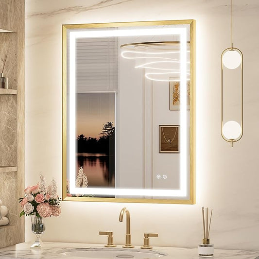 Keonjinn 28 x 36 Inch Gold LED Bathroom Mirror with Frontlit & Backlit, Lighted Mirrors for Bathroom Wall, UL Listed LED Driver, Tempered Glass, Metal Framed Beveled Edge, 3000K/4500K/6000K, Defogging
