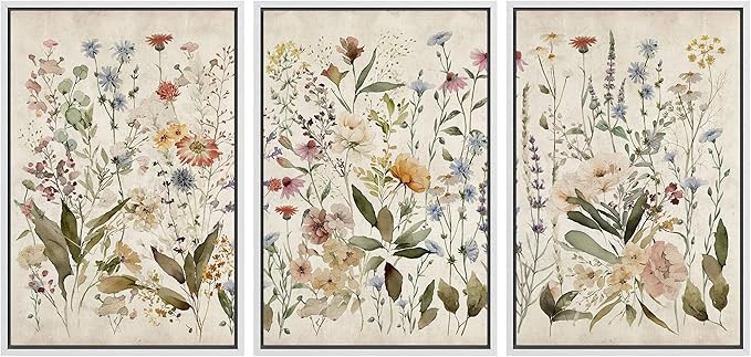 MUDECOR Framed Wall Art Print Set Blooming Wildflowers Illustrations Modern Art Decorative Colorful Chic for Living Room, Bedroom, Office - 24"x36"x3 White