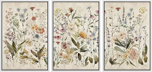 MUDECOR Framed Wall Art Print Set Blooming Wildflowers Illustrations Modern Art Decorative Colorful Chic for Living Room, Bedroom, Office - 24"x36"x3 White