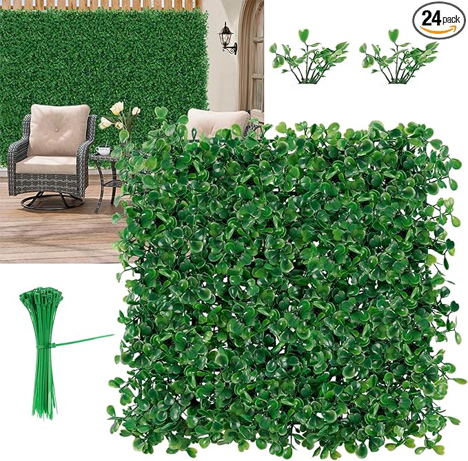 BonBloom's Artificial Grass Wall, 10" X 10" Set of 24(16.8 sqft), UV Protected for Indoor Outdoor Use, Realistic Greenery Wall Decor for Privacy Fences, Garden Walls, and Party Backdrops.