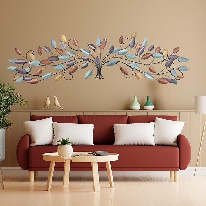 Bellaa 21987 Tree of Life Metal Wall Art Scroll Vine Olive Branch Leaf Decor Wrought Iron Rustic Sculptures Above the Bed Living Room Outdoor Garden Decoration Big Large Plaque Medallion 52 Inch