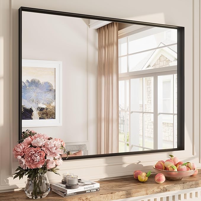 40x30 Inch Black Metal Framed Wall Mirror for Wall, Matte Black Rectangle Mirror, Bathroom Vanity Mirror with Square Corner, Shatterproof, Anti-Rust (Horizontal/Vertical)