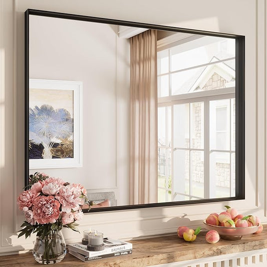 40x30 Inch Black Metal Framed Wall Mirror for Wall, Matte Black Rectangle Mirror, Bathroom Vanity Mirror with Square Corner, Shatterproof, Anti-Rust (Horizontal/Vertical)
