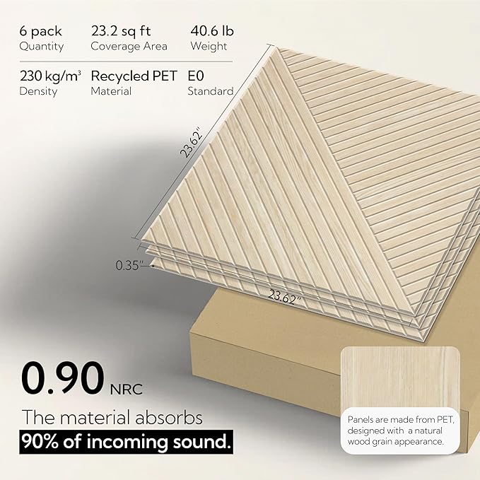 Olanglab Peel and Stick Wall Panels 6 Pack, 23.6 x 23.6 per Wall Panels, Acoustic Wall Panels, Sound Absorbing Wall Art for Home Studio and Office, Light Natural Oak Pattern, Diagonal Stripes