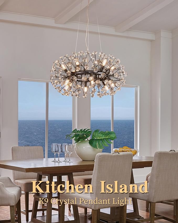 Modern Firework Chandelier, Farmhouse Black Crystal Round Dandelion Sputnik Chandeliers, 23.62" Contemporary 12-Light Pendant Hanging Lighting for Dining Room Kitchen Bedroom Living Room