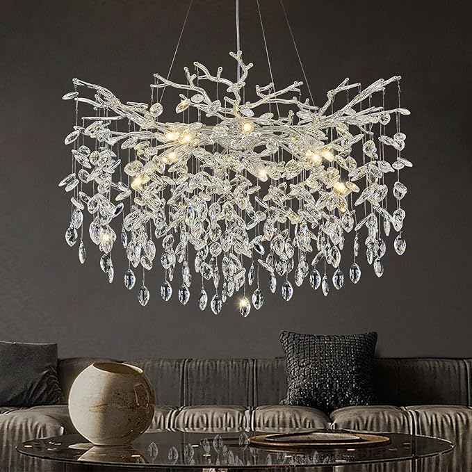 Modern Crystal Chandelier, 31.5" Silver Chandeliers for Dining Room 10 Lights Tree Branch Chandelier Lighting, Round Dining Room Light Fixtures Over Table, Foyer Chandeliers for Entryway
