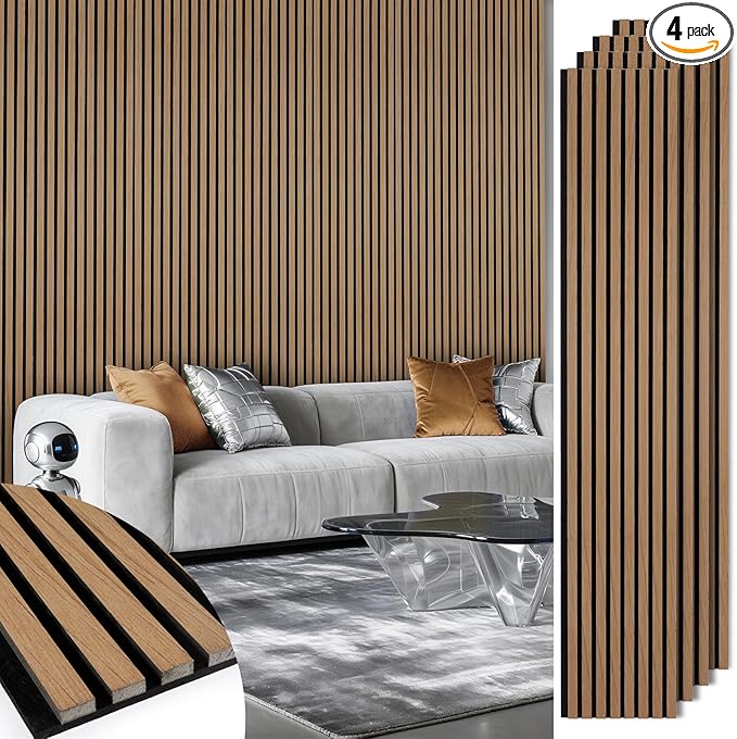 Acoustic Wood Slat Panels 4 Pack 106" x 12.6", Soundproof Wooden Wall Panels, 3D Fluted Panel for Interior Wall Decor, Living Room, Bedroom - Teak (Cover Approx. 37 sq.ft)