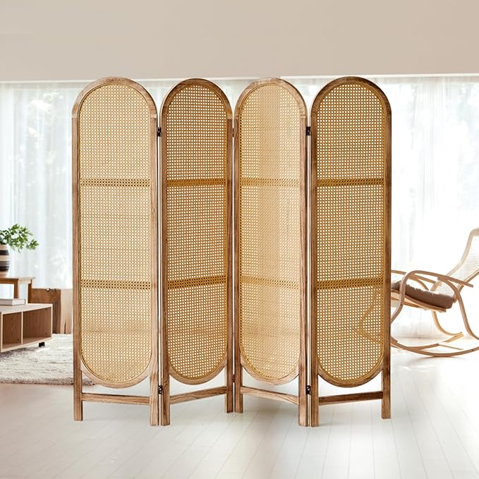 4 Panels Room Dividers and Hand-Woven Rattan Room Divider Wall, Wood Room Divider Folding Privacy Screens for Home Office Bedroom, Light Brown