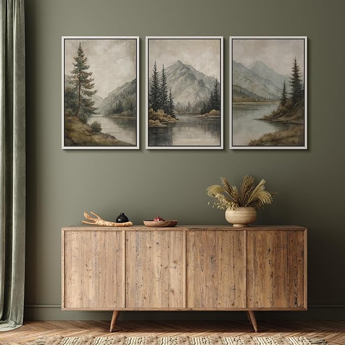 MUDECOR Framed Wall Art Print Set Mountain Landscape Nature with Trees, Lake, and Mountains, Rustic Illustrations Modern Art Decorative Colorful for Living Room, Bedroom, Office - 24"x36"x3 White