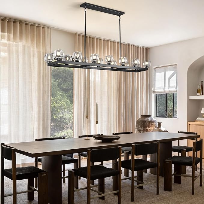 72 Inch Black Rectangle Wagon Wheel Chandeliers, Chandelier for Dining Room Over Table, Modern Crystal Long Chandelier for High Ceiling, Farmhouse Large Linear Chandeliers for Kitchen Island