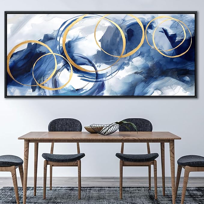 AJAZIKO Blue Abstract Canvas Wall Art Modern Wall Decor Artwork for Walls Living Room Large Painting Office Pictures Navy Gold Contempor Decorations for Bedroom