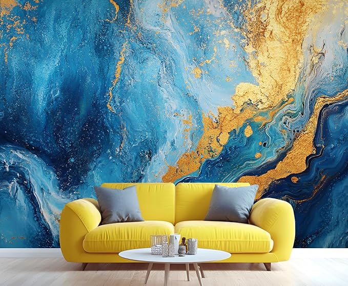 Blue Gold Marble Mural Wallpaper, Modern Fashion Marble Murals, Abstract 3D Texture Murals Wallpaper for Living Room Bedroom Tv Background Wall Home Decor Mural (Not Peel Stick)