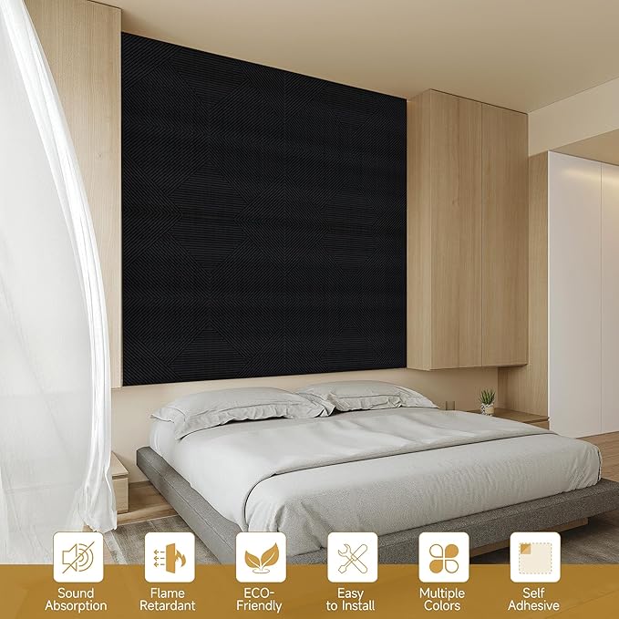 Acoustic Wall Panels,6 Pack Total Size 72 x 48 Inches,Self-Adhesive Decorative Acoustic Panels for Wall and ceiling,Black