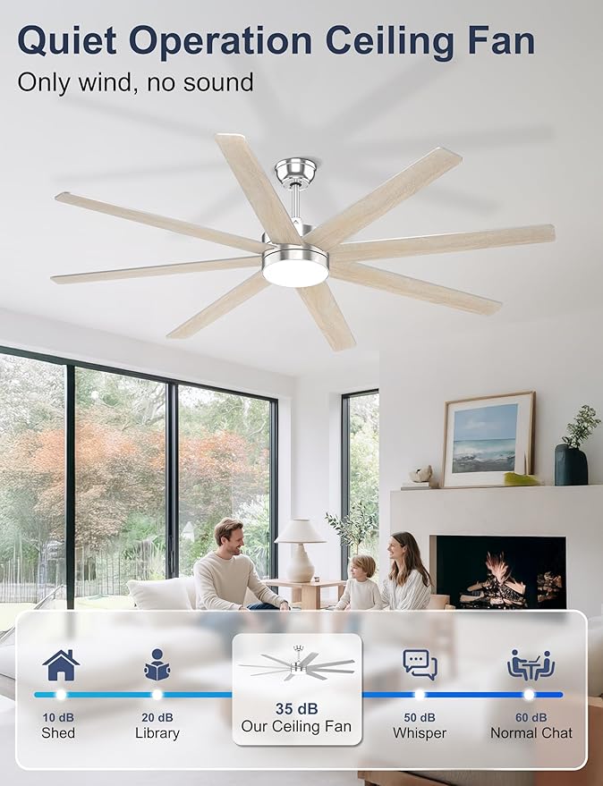 72'' Silver Ceiling Fans with Lights, 8 Blades Large Ceiling Fan Remote/APP Control, Dimmable, Silent Big Ceiling Fan for Indoor/Covered Outdoor