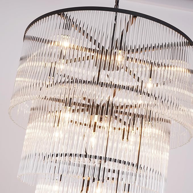 Large Black Chandeliers for High Ceilings H49 5-Tier Glass Chandelier Light Fixture for Foyer Dining Room Extra Long Modern Tiered Chandelier for Living Room Entranc Stairway Villa