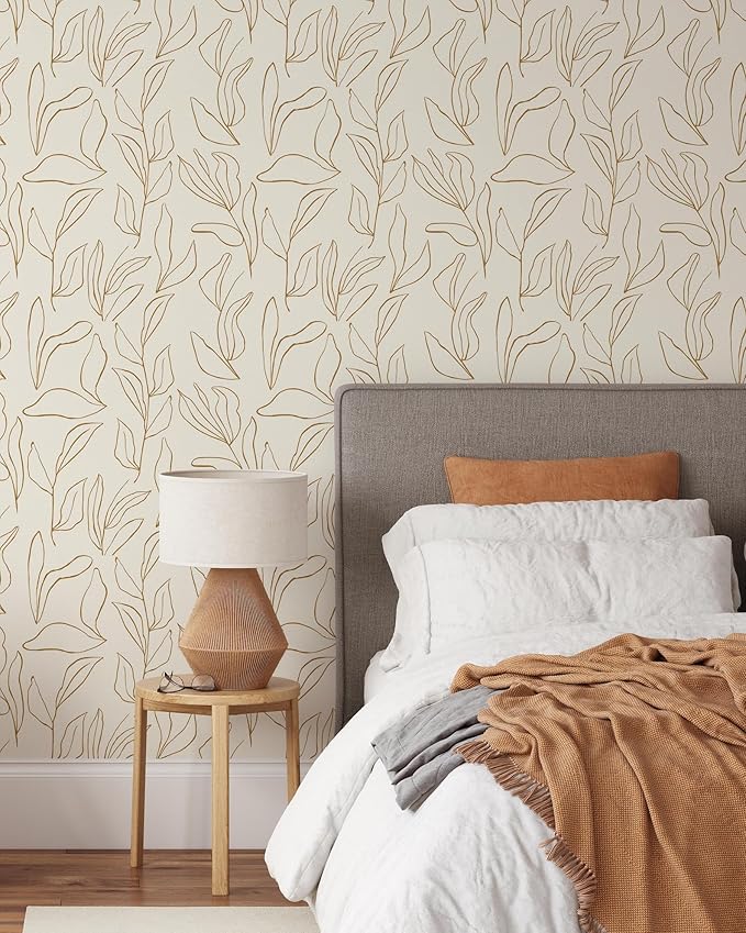Modern Boho Leaves Wallpaper | Removable Self Adhesive Minimalistic Wallpaper | Neutral Floral Peel and Stick Wallpaper (1 roll 24" W x 48" H)