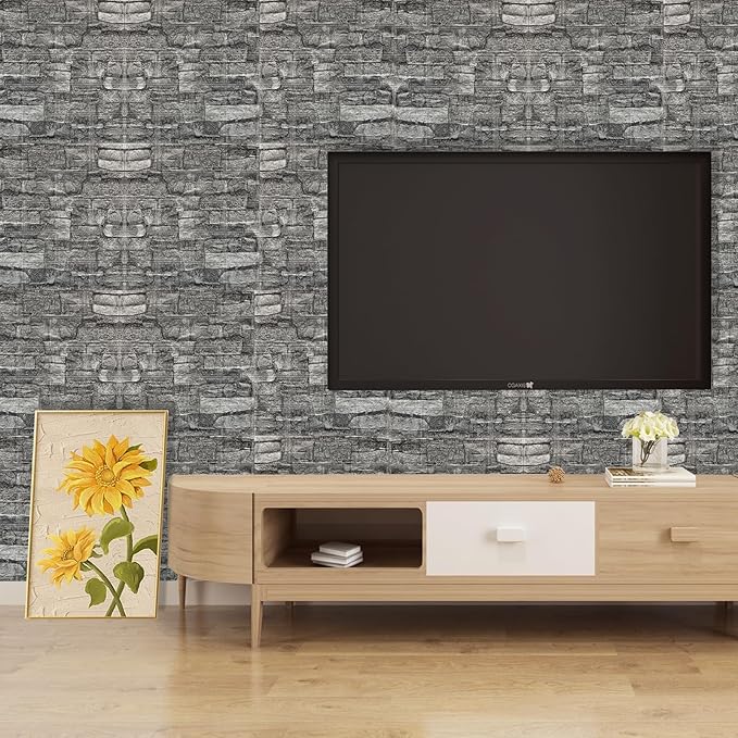 3D Wall Panels Peel and Stick in Black Grey Stone, 10 PCS XPE Foam 3D Wallpaper, Textured Faux Brick Wall Panels for Bedroom, Stairs, Kitchen