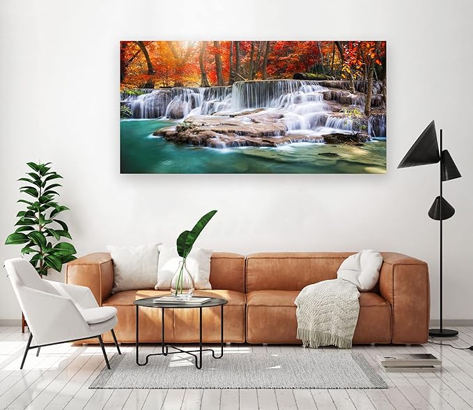 Aibonnly Wall Art Canvas Painting Red Forest Waterfalls 1 Piece Modern Landscape Tree Picture Poster Print Framed and Stretched Ready to Hang for Living Room Bedroom Kitchen Office Home Decor