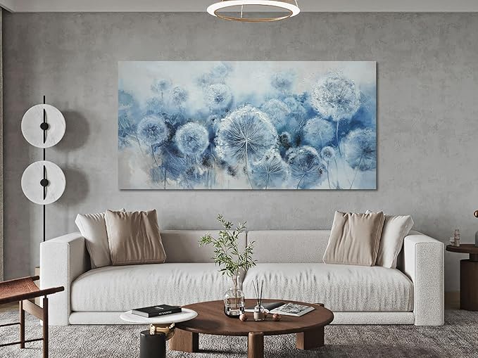 Arjun Large Wall Ar for Living Room, Dandelion Painting Flower Indigo Floral Canvas Art Wall Decor, Blue and White Textured Bedroom Artwork Framed for Home Office, Oversize 58"x29"