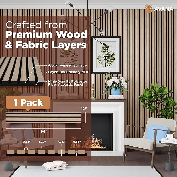 Avana Modern Acoustic Wood Wall Panels – 94.4 X 12.6 Inch White Oak Acoustic Panels 1 PC – Wall Panels For Interior Wall Decor For Homes, Offices, Studios – Sturdy & Durable Wood Panels For Wall