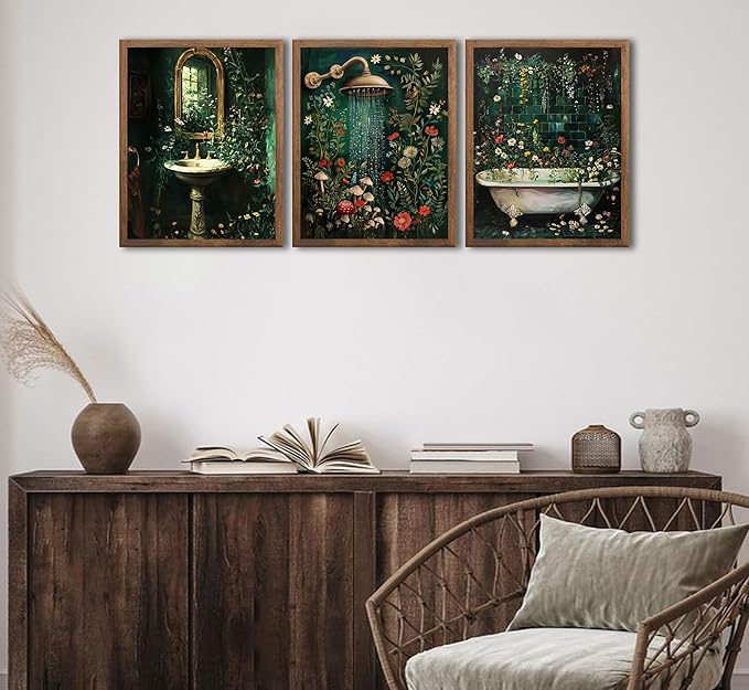 3pcs Green Botanical Bathroom Canvas Wall Art Washbasin Shower Baths Floral Poster Print Paintings Rural Dark Green Wildflowers Bathroom Picture Wall Decor for Laundry Room Bathroom Home Decoration
