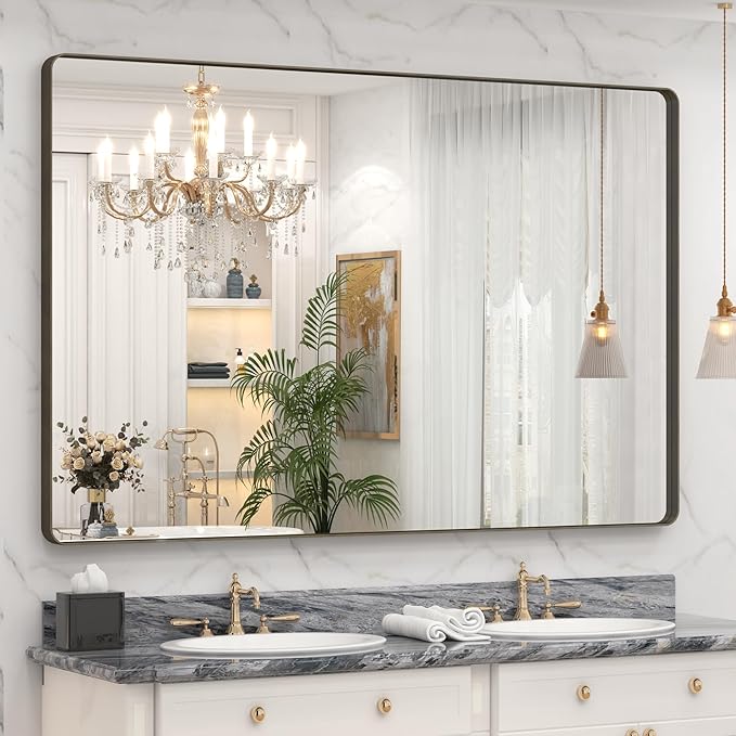 60x40 Bronze Bathroom Mirror, Brushed Bronze Metal Frame Mirrors for Wall, Rounded Rectangle Bronze Mirror for Vanity,Bedroom, Shatterproof, Anti-Rust (Horizontal/Vertical)