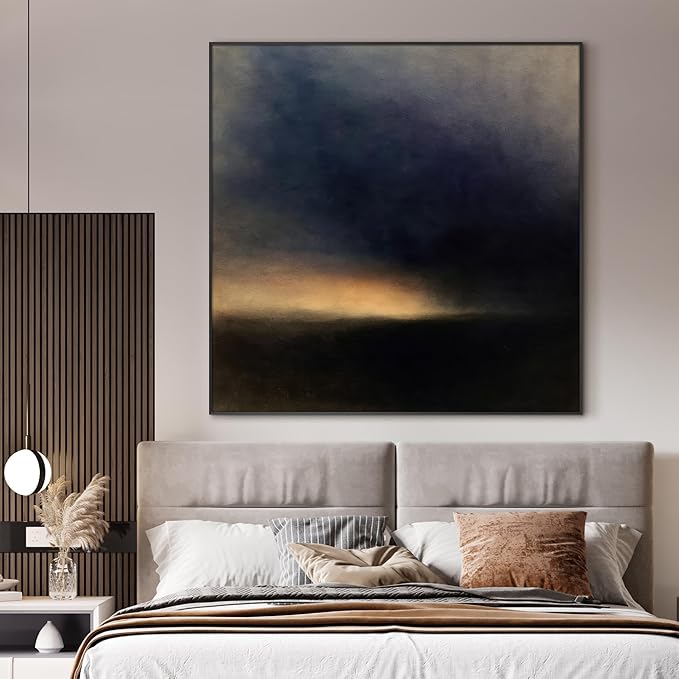 72"x72" XL Framed Wall Art - Moody Abstract Landscape Dark Blue and Golden Horizon Minimalist Foggy Forest Tranquil (Frame Assembly Required)