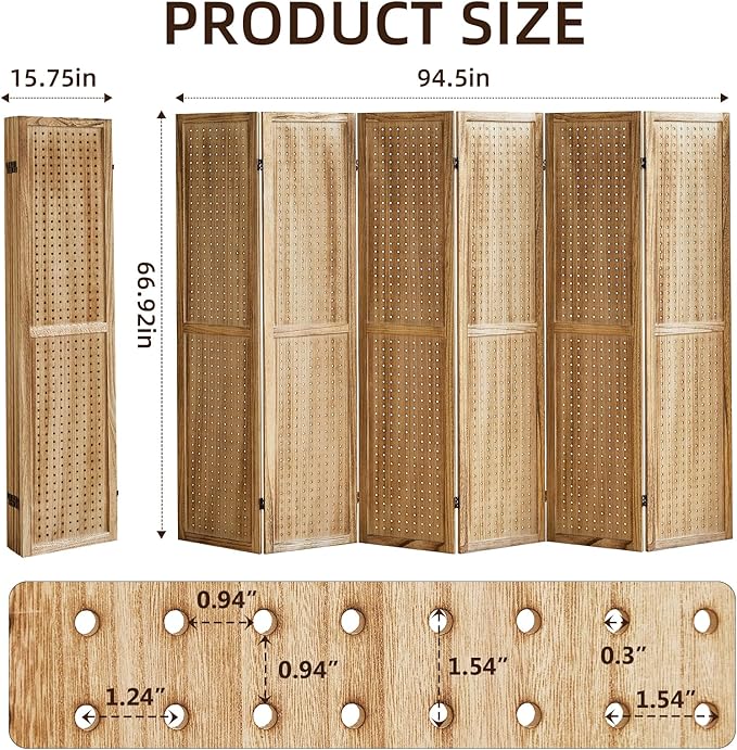 6 Panel Pegboard Display with 24 Hooks, Pegboard Room Divider and Folding Privacy Screens, Partition Room dividers, Wooden Room Divider Wall, Jewelry Store, Bedroom, Balcony, Light Brown