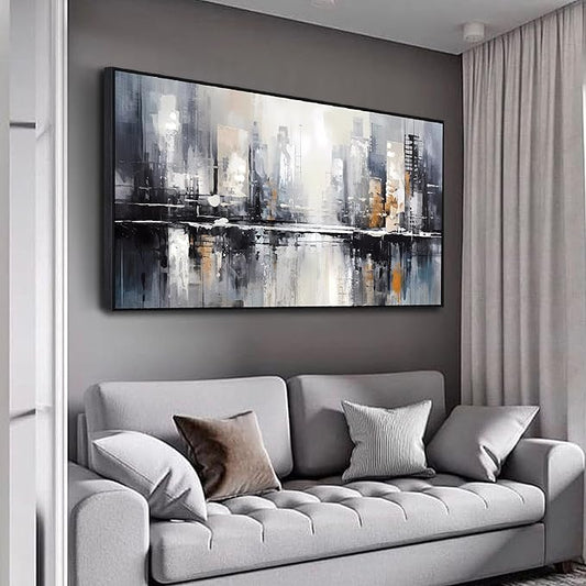Abstract Wall Art for Living Room, Black White and Gold Wall Decor for Bedroom, Gray City Canvas Print, Large Size 59 x 29 Inches Framed