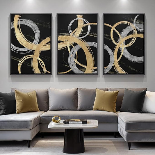 Large Framed Black and Gold Abstract Canvas Wall Art for Living Room, 3 Piece Modern Prints Paintings Artwork for Walls, Gold Silver Abstract Circle for Hallway Dining Office Wall Decor 24x36 Inch