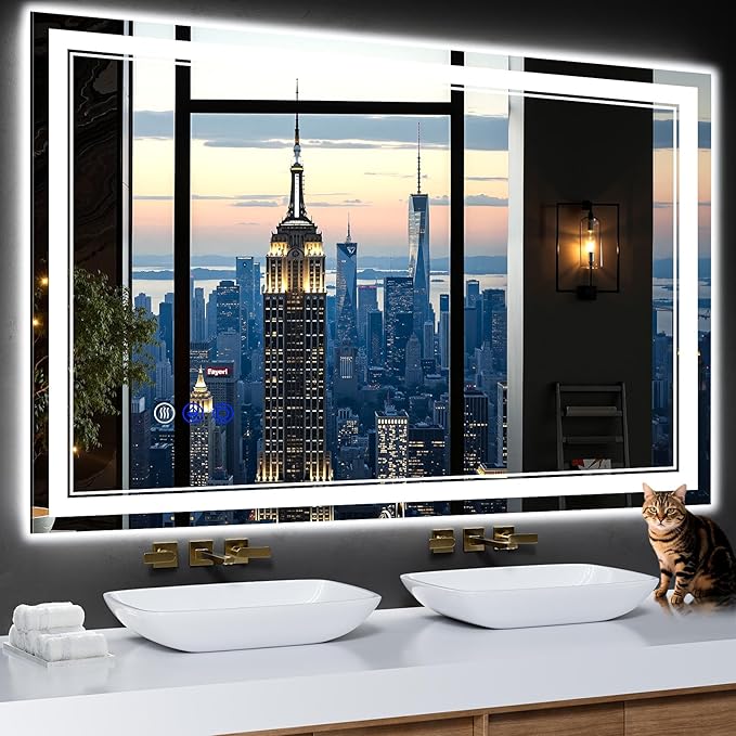 48"x30" LED Bathroom Mirror with Anti-Fog, Stepless Dimmable Lights, 3 Color Modes, Shatter-Proof Tempered Glass, Memory Function & Waterproof Design