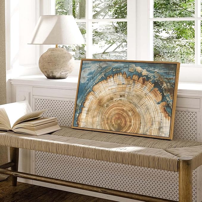 BingruiArt Framed Tree Ring Canvas Wall Art Abstract Wood Wall Decor Boho Modern Colorful Nature Painting Wood Stump Prints Pictures for Living Room Bedroom Bathroom Office 16"x24" Natural Framed(08)