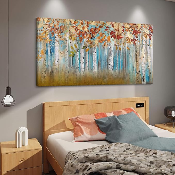 Birch Tree Canvas Wall Art Landscape Yellow Picture Wall Decor for Living Room Large Bedroom Wall Decor Above Bed Framed Artwork for Walls 24×48IN