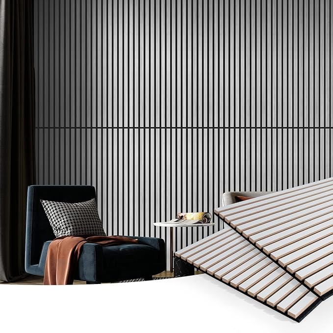 Art3d 2 Wood Slat Acoustic Panels for Wall and Ceiling - 3D Fluted Sound Absorbing Panel with Wood Finish - Silver