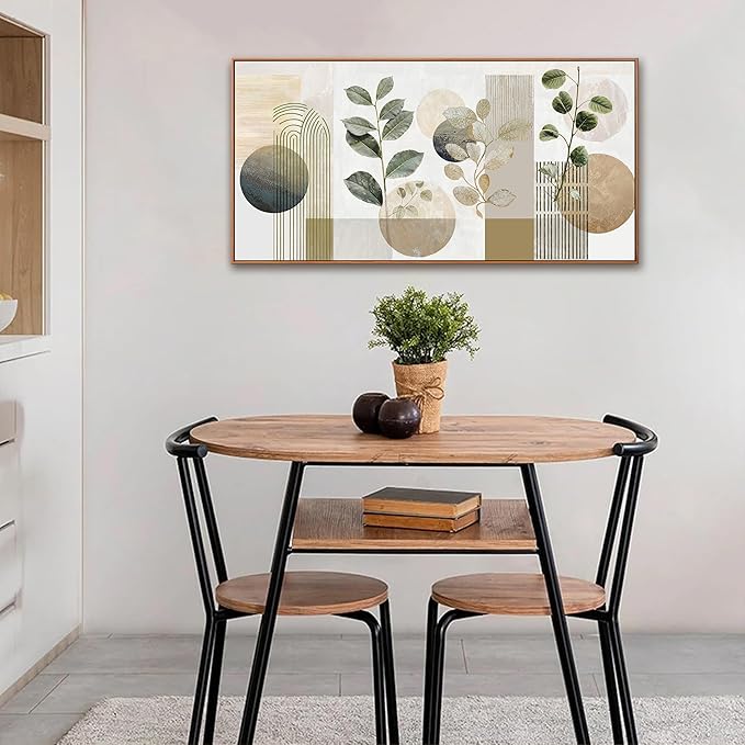 Boho Wall Art Minimalist Canvas Wall Art Decor Geometric Line Leaf Beige Green Wall Art Canvas Artwork Print Paintings Abstract Art Botanical Boho Room Office Home Wall Decor 20" X 40" With Framed