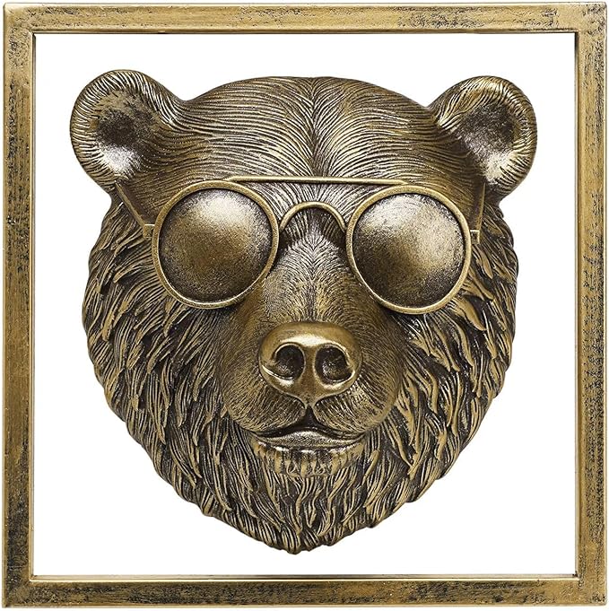 JJALIGHTS Animal Heads Wall Decor (Includes Metal Frame) Resin Animals Sculptures Head Wall Hanging Decoration Imitation Copper vintage Wall Sculpture for Living Room Bedroom Office (Bear)