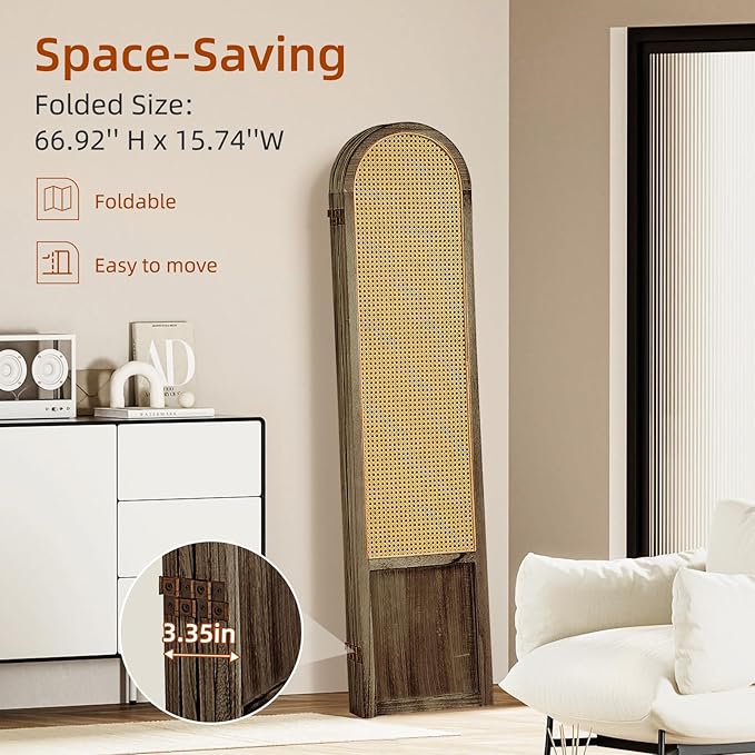 4 Panel Room Dividers and Folding Privacy Screens, Hand-Made Rattan Room Divider with Bi-Directional Hinge, Pre-Assembled Wood Room Divider Wall for Home Office Bedroom, Dark Brown