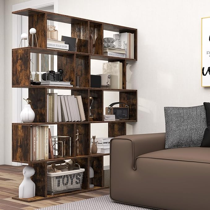 5 Tier Geometric Bookcase, S Shaped Bookshelf, Modern Decorative Storage Shelving, Wooden Room Divider Bookcase, 62.5" Tall Staggered Display Book Shelf for Living Room (2, Rustic Brown)