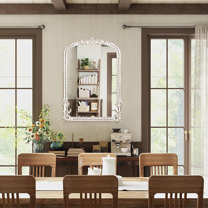 25x35 Inch Baroque Arched Wall Mirror Wooden, Rustic Farmhouse Decorative Mirrors for Fireplace, Entryway, Living Room, Bedroom, Bathroom