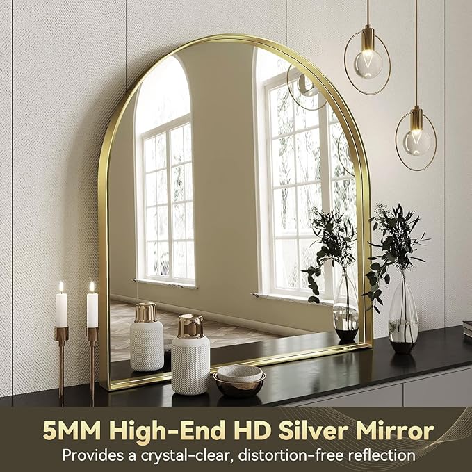 Brightify Arched Mirror, 31 x 33 Inch Gold Arch Mirror, Metal Frame Gold Arched Wall Mirror, Arched Top Bathroom Vanity Mirror for Living Room Bedroom Mantle Entryway Hallways